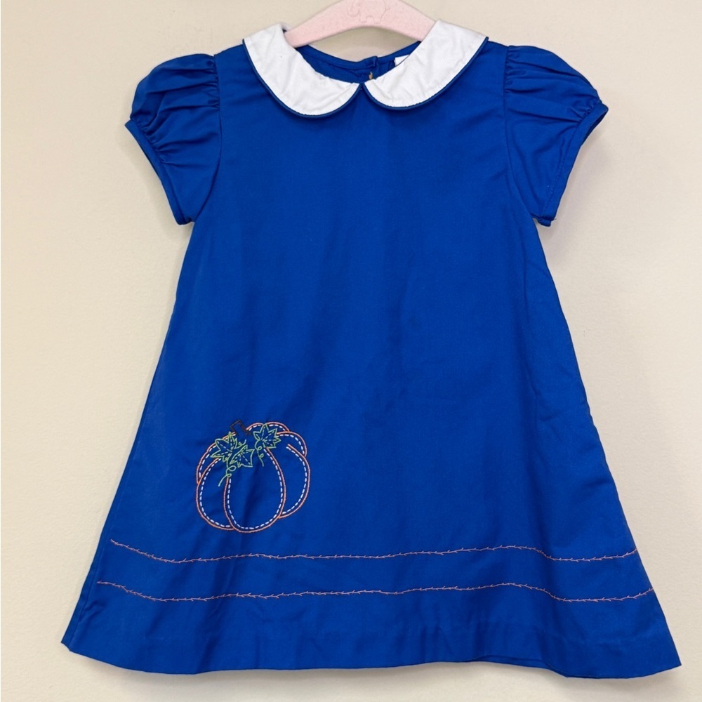 The Proper Peony: White Collar Blue Dress with Pumpkin Embroidery, Size 2T